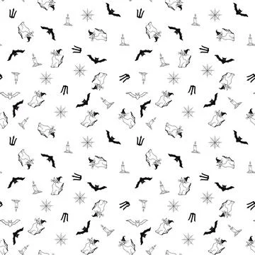 Halloween seamless pattern on a white background with the bat, cat, candle Stock Illustration