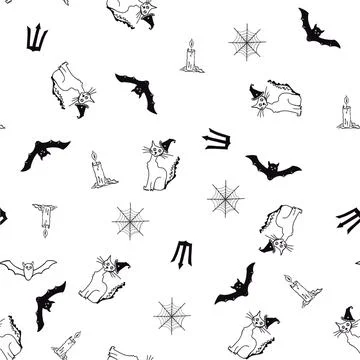 Halloween seamless pattern on a white background with the bat, cat, candle イラスト素材