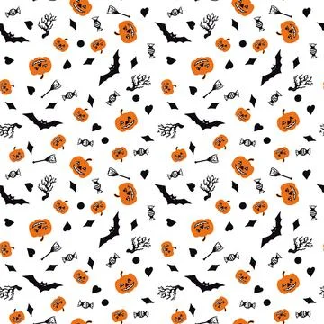 Halloween seamless pattern on a white background with the bat, pumpkin Иллюстрация