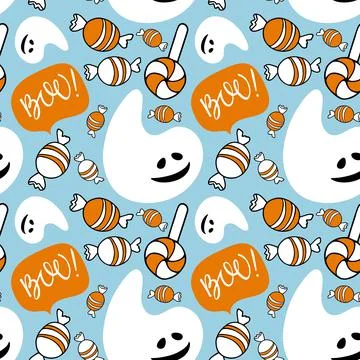 Halloween seamless pattern. White smiling ghost, Boo sign, sweets on Blue Stock Illustration