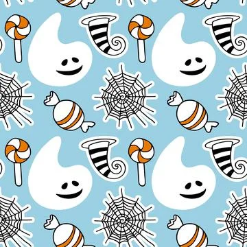 Halloween seamless pattern. White smiling ghost, web, lollipop, candy on Blue Illustrazione stock