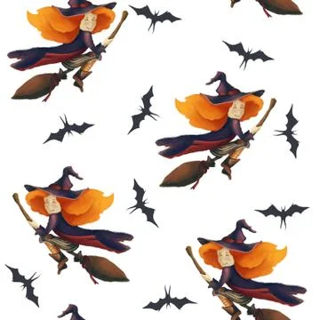 Halloween. Seamless pattern with a witch and bat. Fantastic illustration. Lovely Stock Illustration
