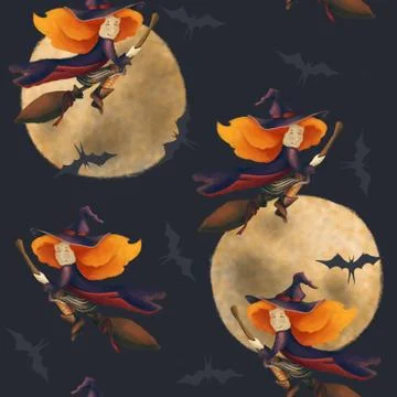 Halloween. Seamless pattern with a witch and moon and bat. Fantastic Stock Illustration