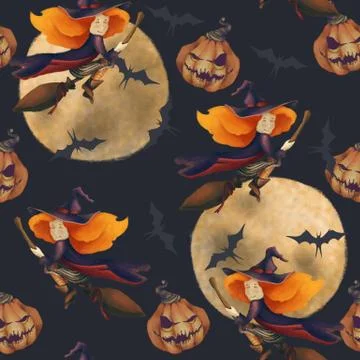 Halloween. Seamless pattern with a witch and moon and bat. Fantastic Stock Illustration