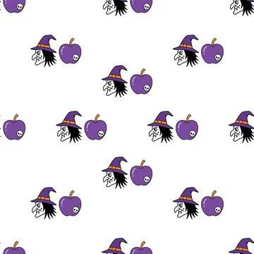 Halloween Seamless Pattern With Witch And Poison Apple. Stock Illustration