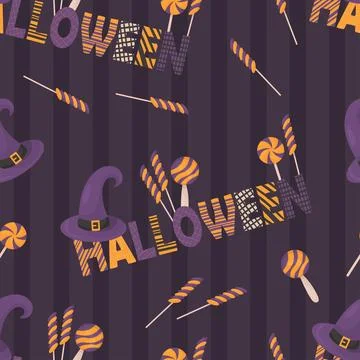 Halloween seamless pattern with witch hat and sweets candy lollipops on striped Stock Illustration