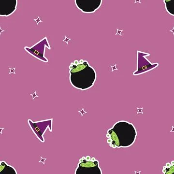 Halloween Seamless Pattern with Witch Hat and Magic Cauldron 스톡 일러스트