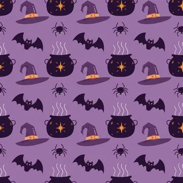Halloween seamless pattern with witch hat bat spider and cauldron on purple 스톡 일러스트