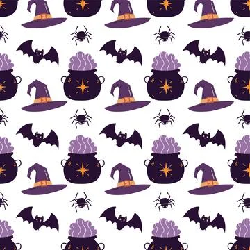 Halloween seamless pattern with witch hat cauldron bat and spider vector Ilustração Stock