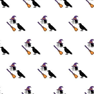 Halloween seamless pattern with witch hat broom and raven on white background 스톡 일러스트