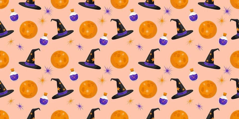 Halloween seamless pattern with witch hat magic potion bottle full moon and s Stock Illustration
