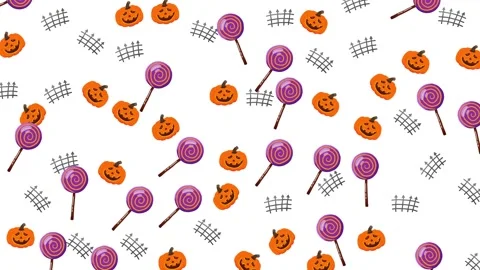 Halloween Seamless Pattern with Witch Hats, Flying Bats and Sweet Candies Stock Footage 345539358