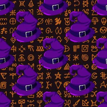Halloween seamless pattern with witch hats on ancient scripts background Illustrazione stock