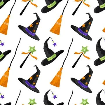 Halloween seamless pattern with witch hats broomsticks and magic wands on whi Stock Illustration