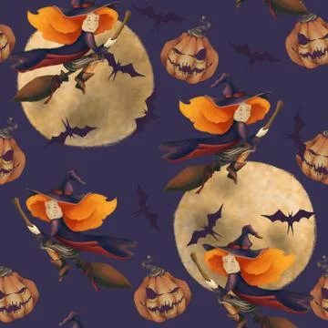 Halloween. Seamless pattern with a witch, pumpkin, moon, bat. Fantastic Stock Illustration