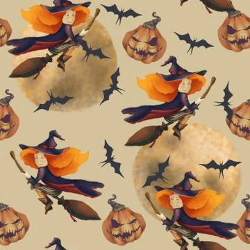 Halloween. Seamless pattern with a witch, pumpkin, moon, bat. Fantastic Illustrazione stock