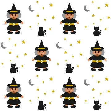 Halloween seamless pattern with witches and black cats during night time. Stock Illustration