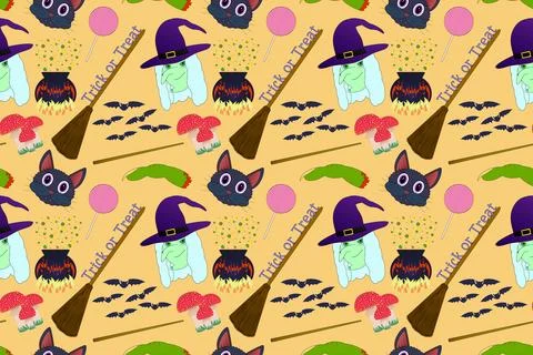 Halloween Seamless Pattern with Witches and Cats 스톡 일러스트
