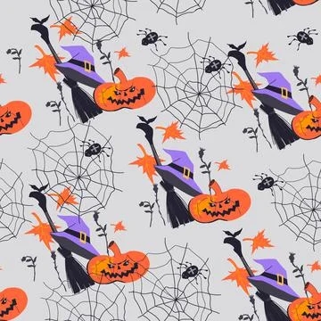 Halloween seamless pattern with witches broom and pumpkin, flat cartoon vector イラスト素材