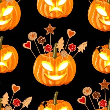Halloween seamless pattern witn pumpkins and biscuits for the children. Stock Illustration