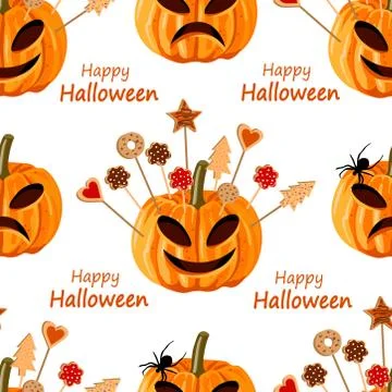 Halloween seamless pattern witn pumpkins and biscuits for the children. Stock Illustration
