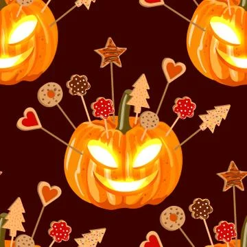 Halloween seamless pattern witn pumpkins and biscuits for the children. Stock Illustration