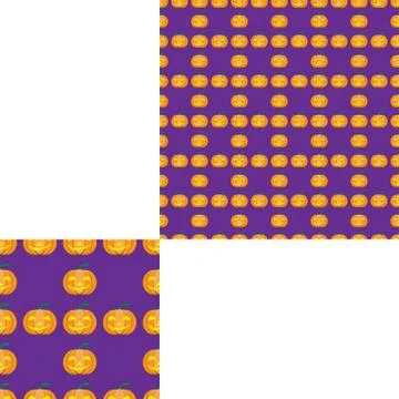 Halloween seamless pattern with yellow pumpkin on the lilac background with p Stock Illustration