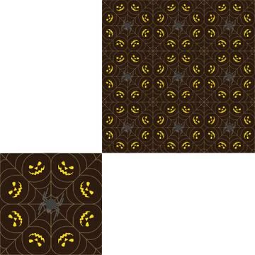 Halloween seamless pattern with yellow smiles arranged in a circle and spider Stock Illustration
