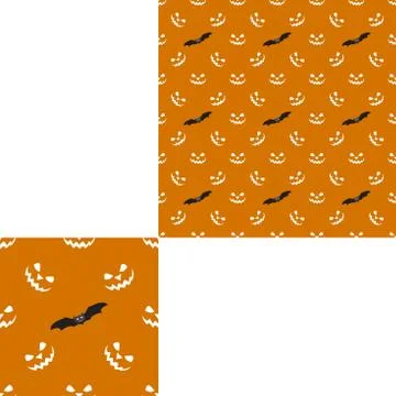 Halloween seamless pattern with yellow smiles and bats on the orange backgrou Stock Illustration