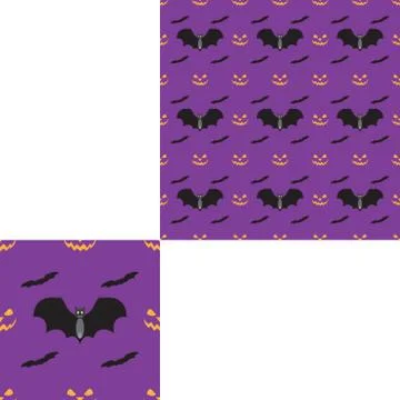 Halloween seamless pattern with yellow smiles and dark gray bats on the lilac Stock Illustration
