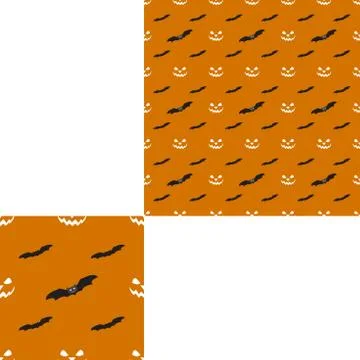 Halloween seamless pattern with yellow smiles and dark gray bats on the orang Stock Illustration