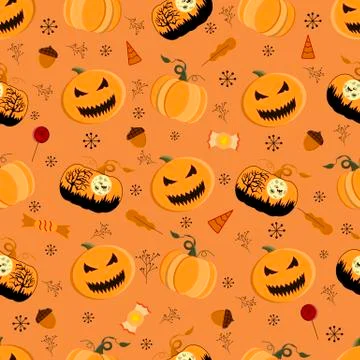 Halloween seamless patterns. Pumpkin, bat, cobweb, sweets, lollipop, oak, lea Stock Illustration