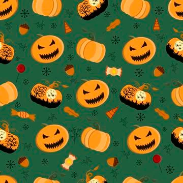 Halloween seamless patterns. Pumpkin, bat, cobweb, sweets, lollipop, oak, lea Stock Illustration