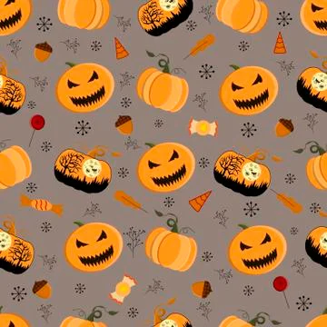 Halloween seamless patterns. Pumpkin, bat, cobweb, sweets, lollipop, oak, lea Stock Illustration