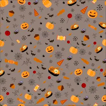 Halloween seamless patterns. Pumpkin, bat, cobweb, sweets, lollipop oak leaf  Stock Illustration