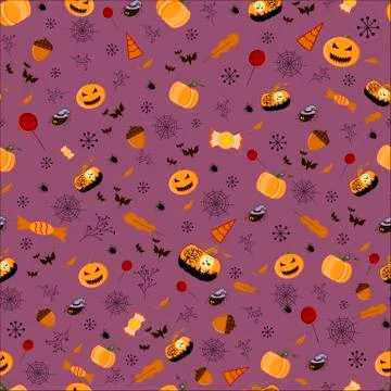 Halloween seamless patterns. Pumpkin, bat, cobweb, sweets, lollipop oak leaf  Stock Illustration