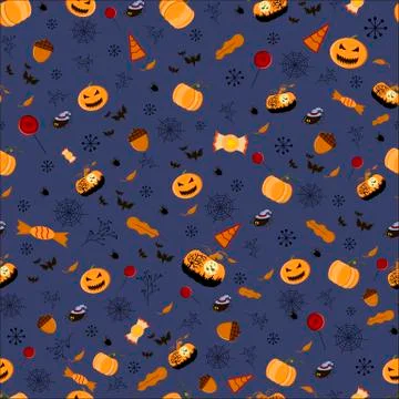 Halloween seamless patterns. Pumpkin, bat, cobweb, sweets, lollipop oak leaf  Stock Illustration