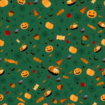Halloween seamless patterns. Pumpkin, bat, cobweb, sweets, lollipop oak leaf  Stock Illustration