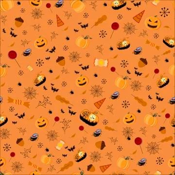 Halloween seamless patterns. Pumpkin, bat, cobweb, sweets, lollipop oak leaf Stock Illustration