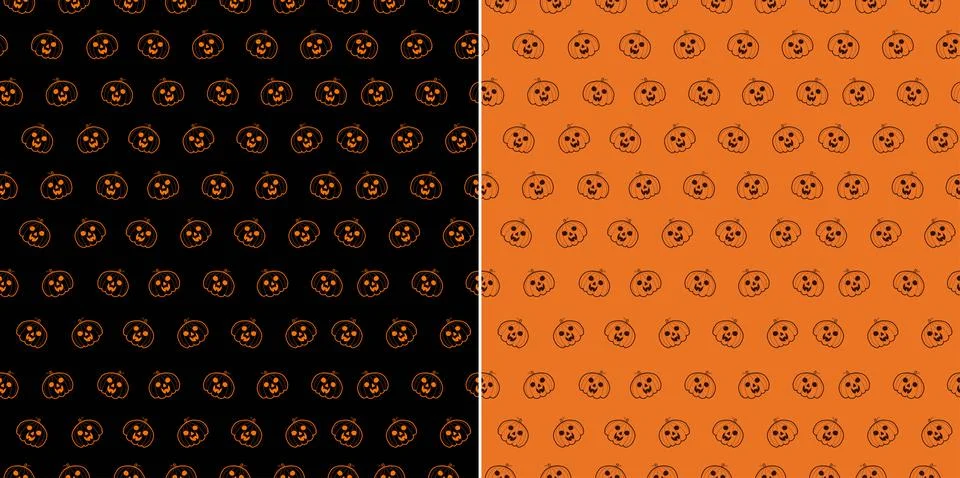 Halloween seamless patterns set with cute pumpkin. Doodle background Stock Illustration