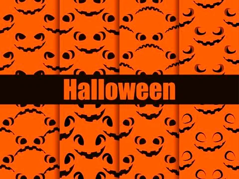 Halloween seamless patterns set. Scary faces, jack-o-lantern pumpkin icon. Ve Stock Illustration