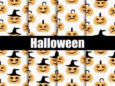 Halloween seamless patterns set. Scary faces, jack-o-lantern pumpkin icon. Ve Stock-Illustration