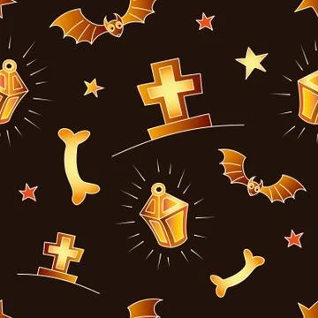 Halloween seamless vector background, pumpkin, cap, bat, cross. Stock Illustration