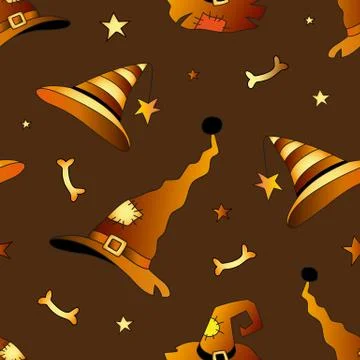 Halloween seamless vector background, pumpkin, cap, bat, cross. Stock Illustration