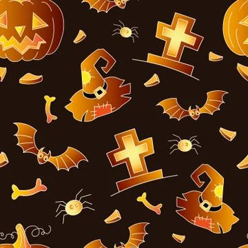 Halloween seamless vector background, pumpkin, cap, bat, cross. Stock Illustration