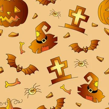 Halloween seamless vector background, pumpkin, cap, bat, cross. Stock Illustration