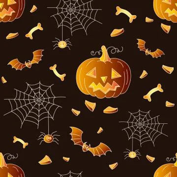 Halloween seamless vector background, pumpkin, cap, bat, cross. Stock Illustration