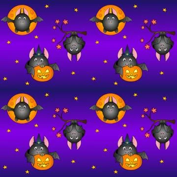 Halloween seamless vector pattern with fat bats, moon, pumpkin and autumn leaves Stock-Illustration