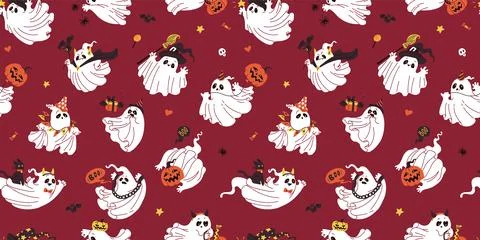 Halloween. Seamless vector pattern featuring ghosts, bats and pumpkins on a red 스톡 일러스트