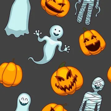 Halloween seamless vector pattern. Funny pumpkins and ghosts. Stock-Illustration